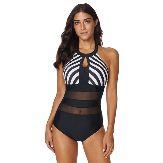 Sexy Backless Siamese Mesh Stitching Halter Swimsuit Women Swimsuit