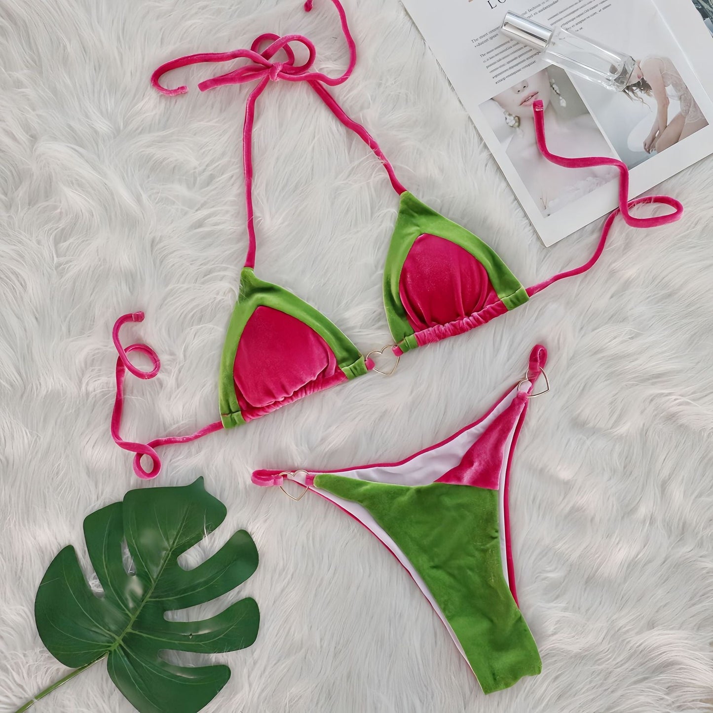 Sexy Bikini Metal Heart Decorative Swimsuit Korean Velvet Stitching Women Swimsuit Sets