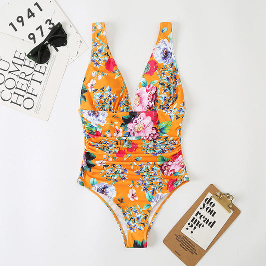 One Piece Women Triangle High Waist Multi Color Printed Swimsuit Domestic Conservative Swimsuit Swimwear