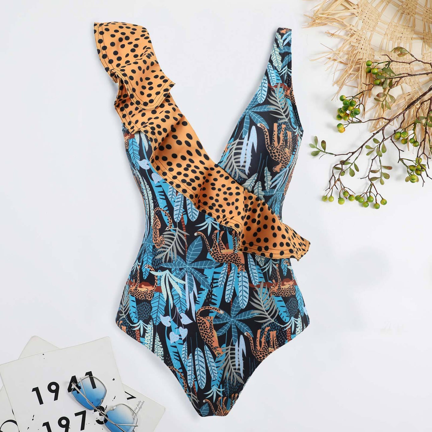 Sexy Swimsuit Women Bikini Leopard Print Ruffle Swimwear Bikini Chiffon Dress