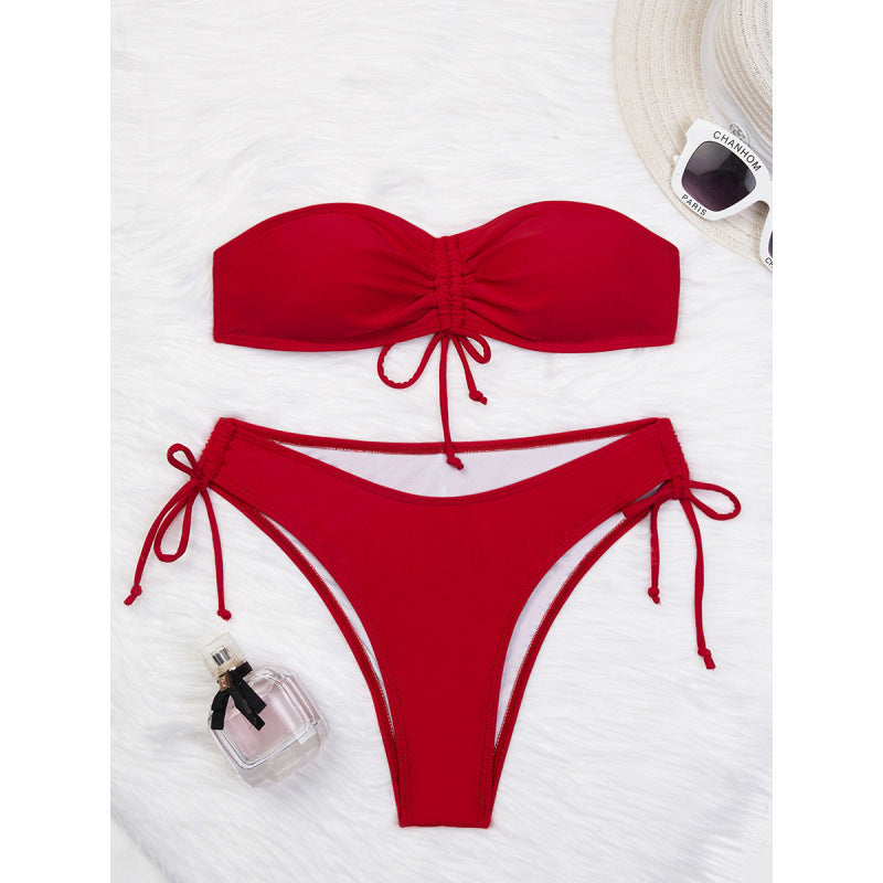 Split Swimsuit Women Tube Top Swimsuit Solid Color Bikini Sexy Bikini Swimsuit