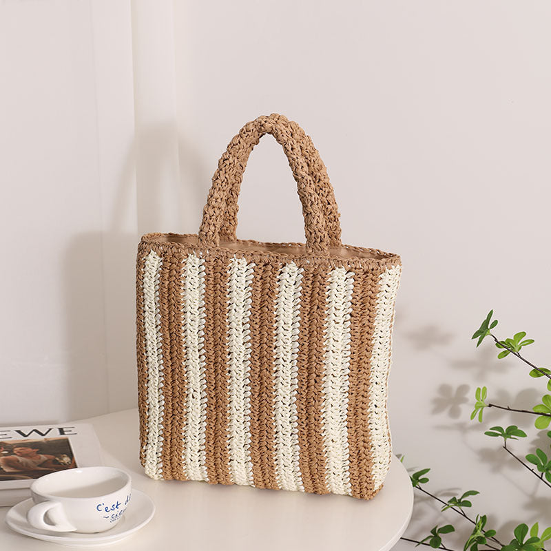 Vertical Stripes French Straw Bag Portable Contrast Color Straw Bag Woven Bag Women's Bag Seaside Vacation Beach Bag