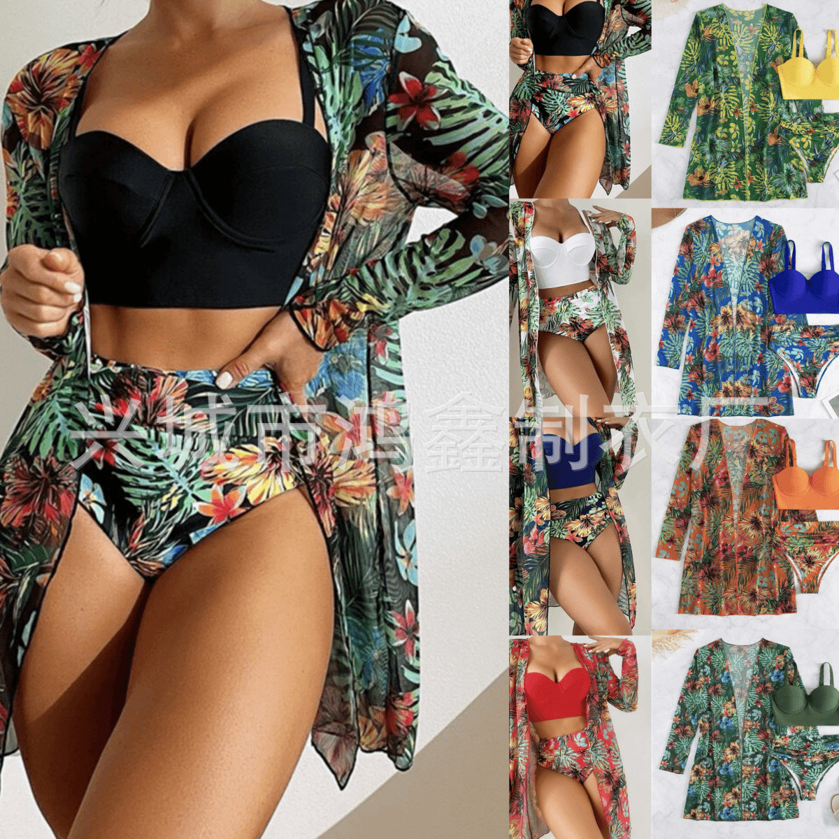 Sexy Mesh Bikini Three Piece Push up Split Printed Swimsuit for Women