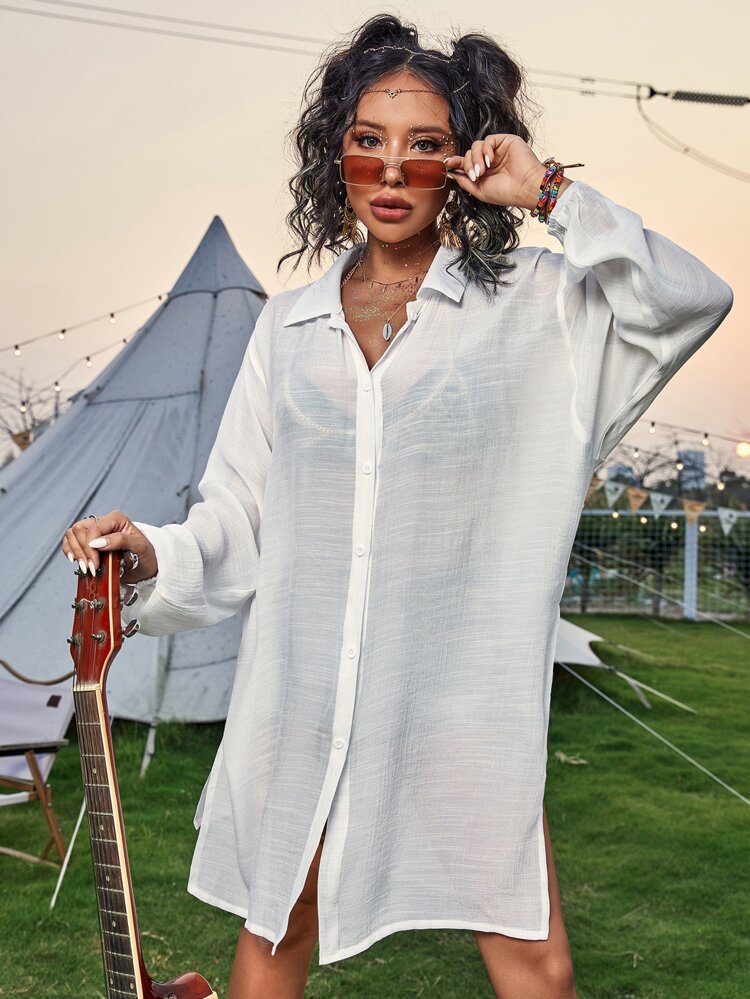 Cotton Long Sleeved Shirt Beach Cover up Vacation Sun Protection Shirt Bikini Swimsuit Outwear Cardigan