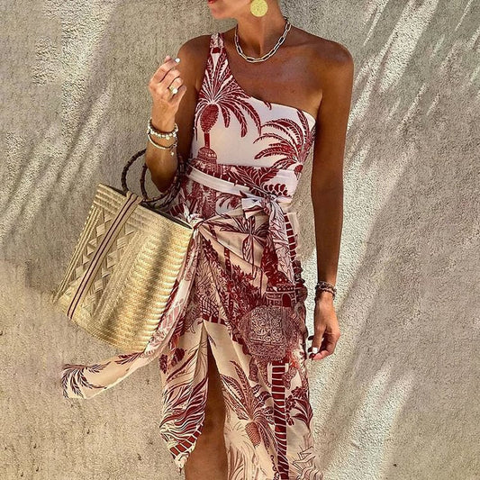 Slant Shoulder Slimming Printed Belt One Piece Swimsuit Women Clothing