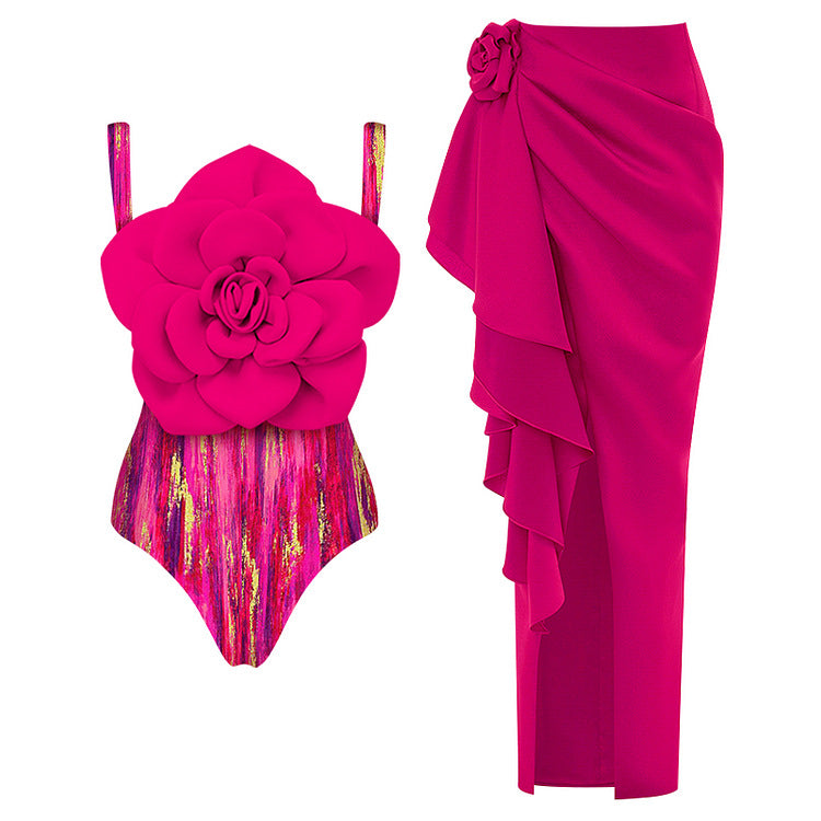 Black White Three Dimensional Big Floral One Piece Swimsuit Women Beach Vacation Suit Skirt