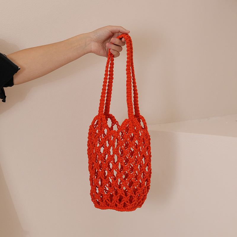 Hollow Out Cutout Cotton Thread Woven Bag Shoulder Handmade Straw Bag Fishing Net Bag Seaside Vacation Beach Bag Women Bag