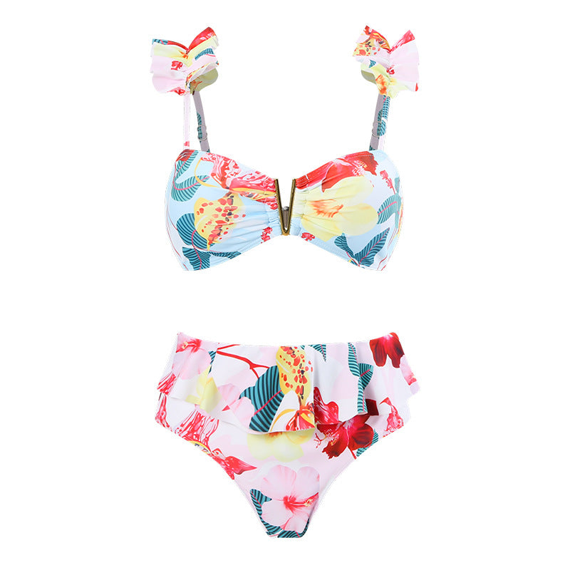 Split Conservative Swimsuit Printing V Iron Mesh Wrap Skirt Set Swimsuit