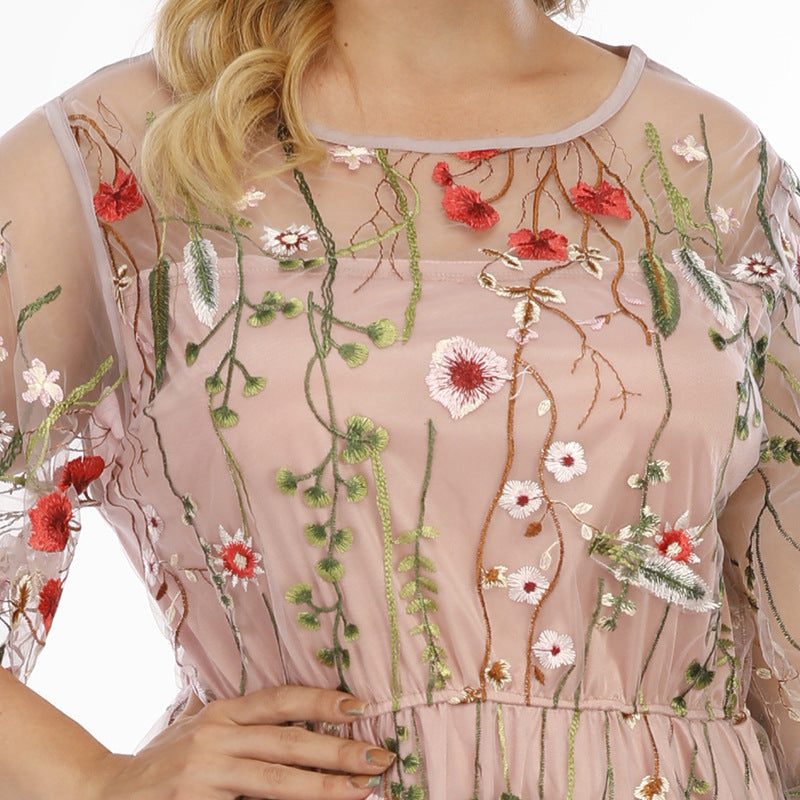 Plus Size French Hepburn Dress Women Mesh Embroidered Banquet Party Maxi Dress