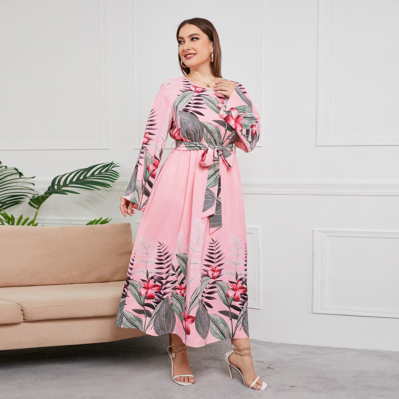 Plus Size Printed Long Sleeve Dress High Waist Lace up Vacation Swing Maxi Dress