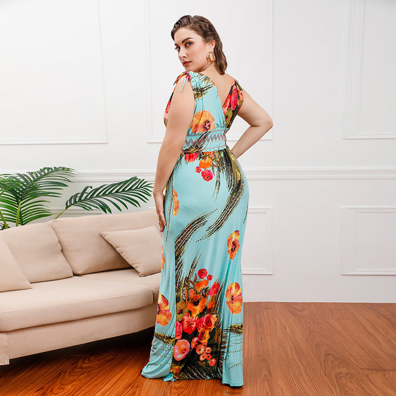 Plus Size Bohemian Ice Silk Printed Midi Dress Seaside Holiday Beach Dress V neck Dress