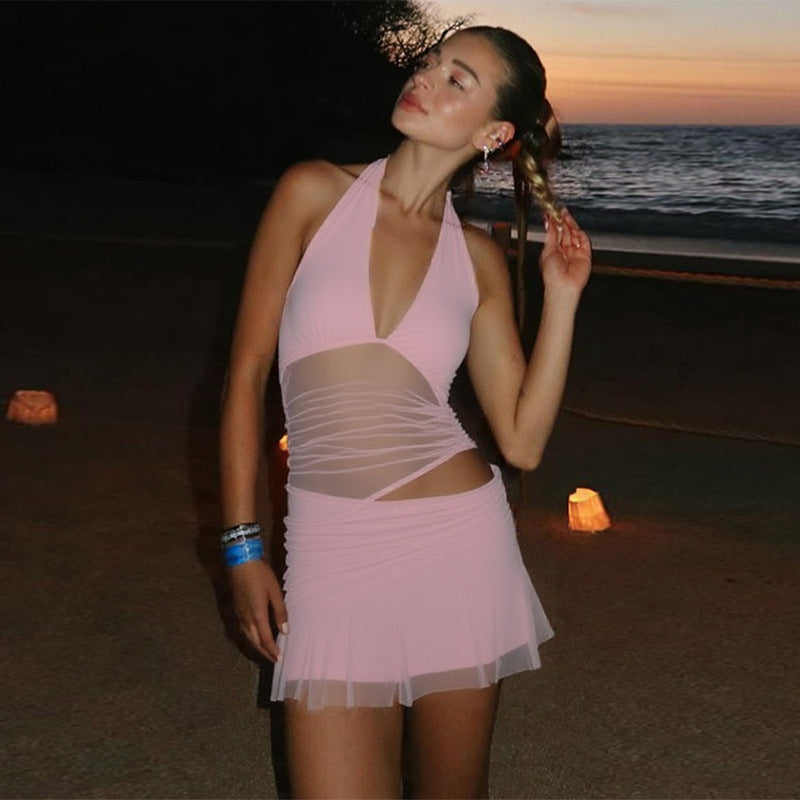 Women Clothing Sexy Deep V Plunge Stitching Mesh Hollow Out Cutout Hip Wrapped Short Halter Dress