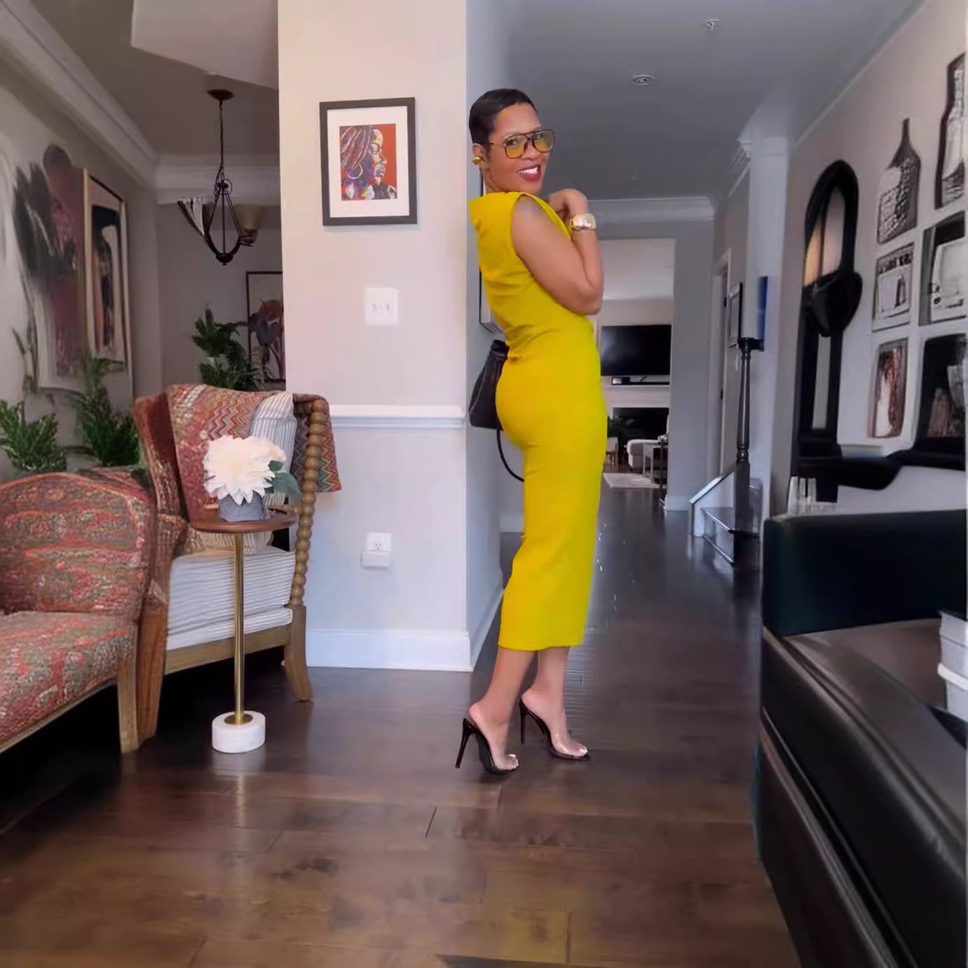 Women Clothing Solid Color Slim Fit Sheath Slit Mid Length Dress