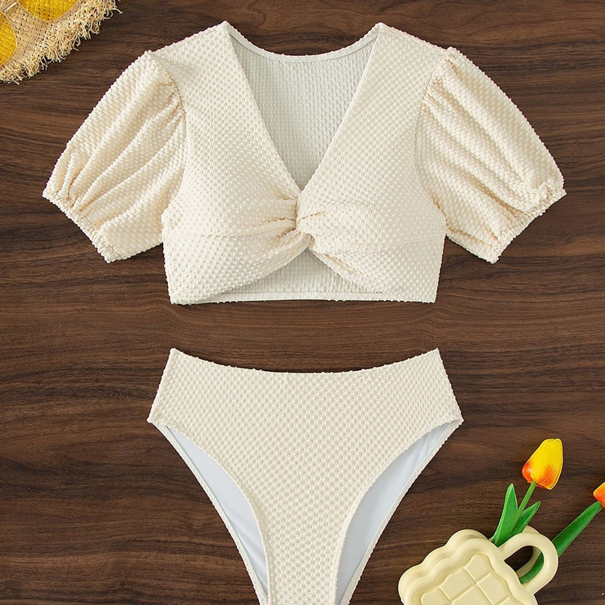 Solid Color Snake Cloth Shoulder High Waist Bikini Sexy Swimsuit for Women