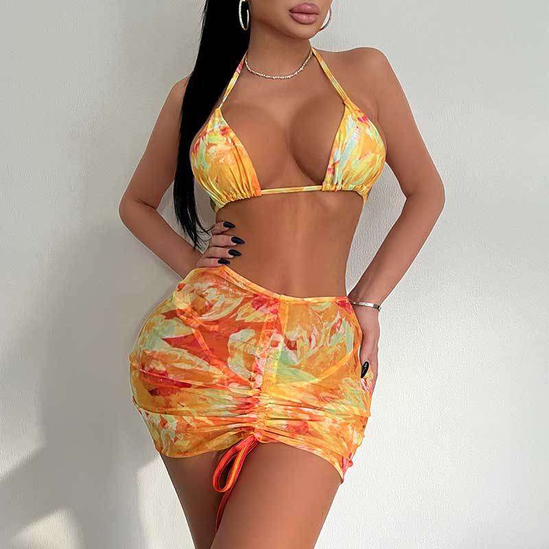Swimsuit Three Piece Set Printed Sexy Lace Up Bikini Hip Skirt Bikini Swimsuit