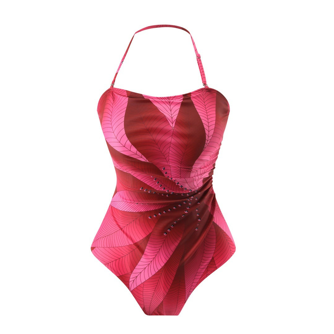 Conservative Swimsuit Digital Printed Belly Covered Halter Gauze Swimsuit for Women