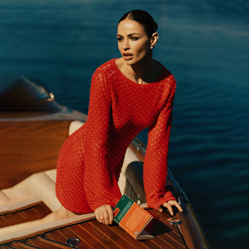 Spring Summer Beach Dress Women Solid Color Sexy Knitted Beach Bikini Swimsuit Blouse Sun Protective Clothing