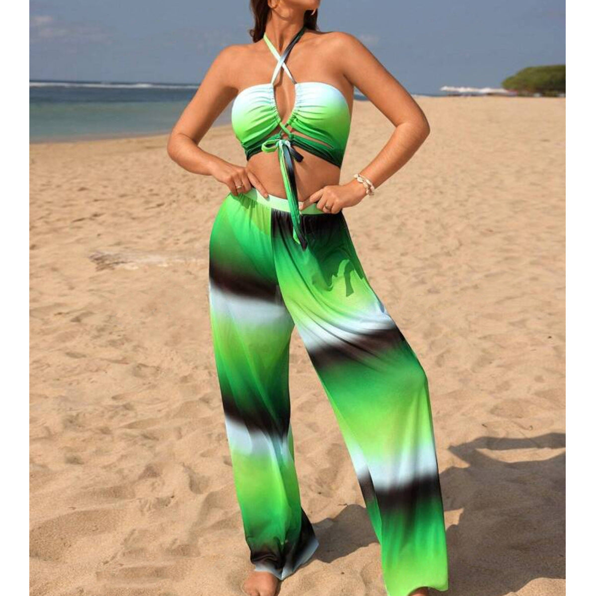 Sexy Printed Mesh Trousers Three Piece Swimsuit Set
