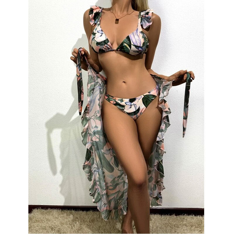 Women Clothing Sexy Bikini Ruffled Tied Apron Three Suits Swimsuit Tie Dye