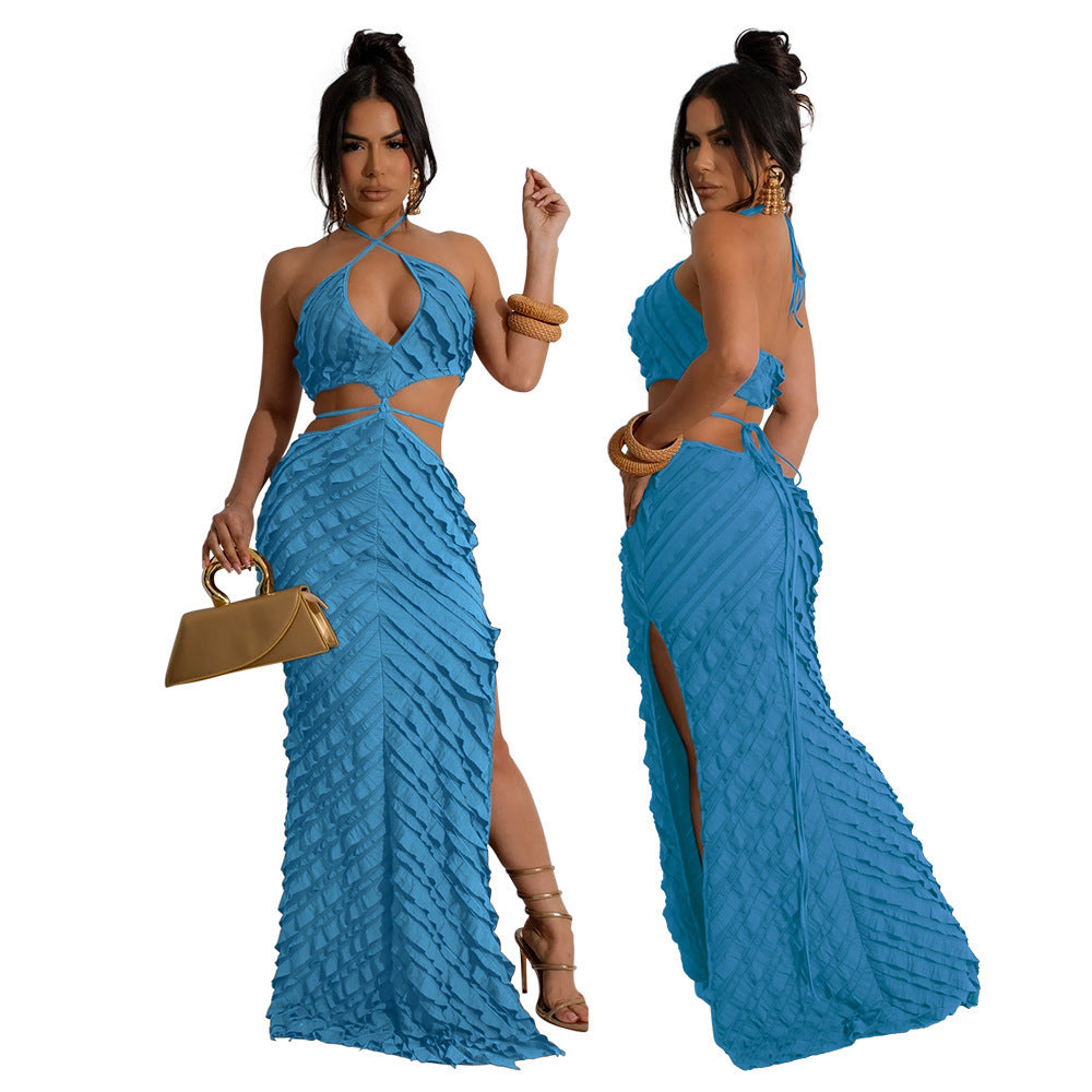 Women Clothing Small Louver Sexy Halter Lace Up Slim Fit Hollow Out Cutout Dress