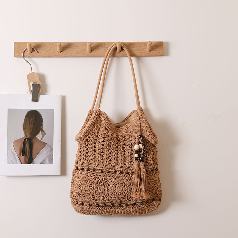 Wooden Bead Tassel Shoulder Cotton Thread Woven Bag Hollow Out Cutout Straw Bag Vacation Beach Bag Women Bag
