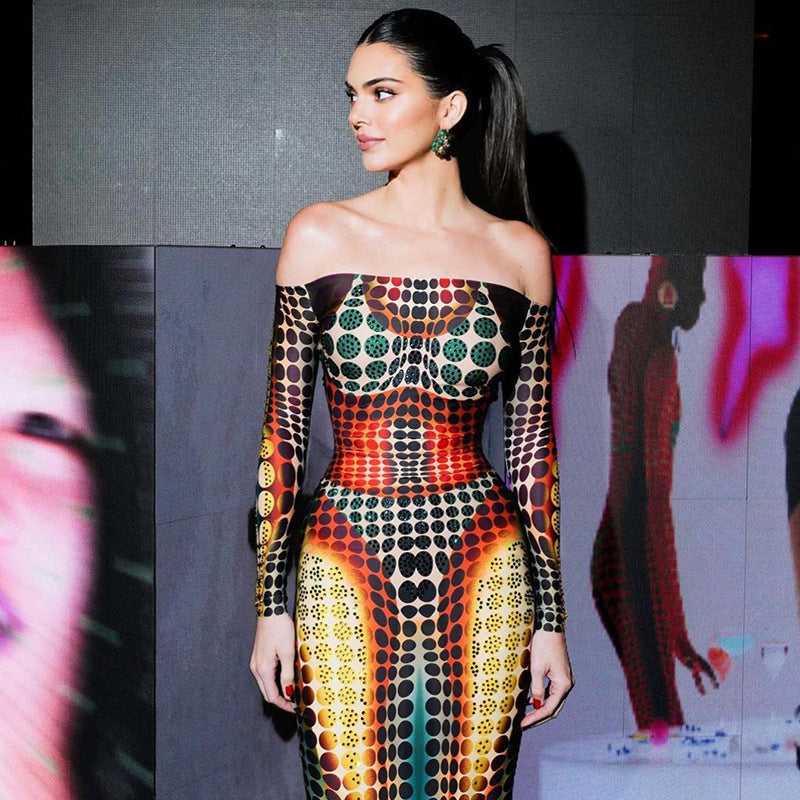 Spring Women Clothing Featured Faux off Neck Stitching Long Sleeve Slim Expansion Dress