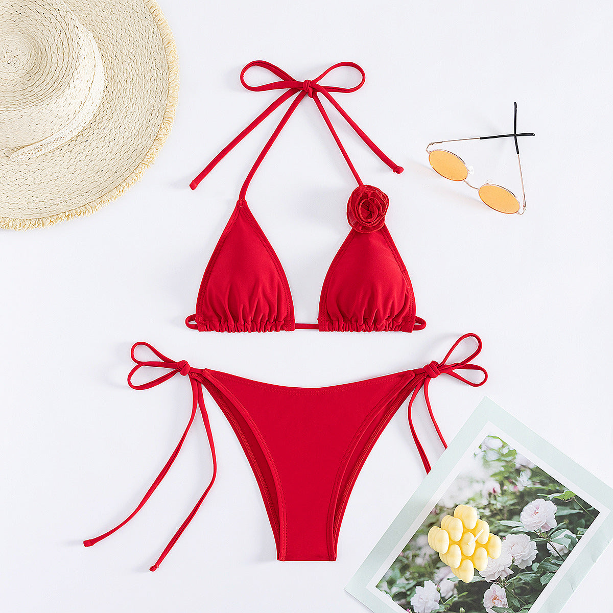 Bikini Sexy Solid Color Three Point Three Dimensional Floral Swimsuit Split Sexy