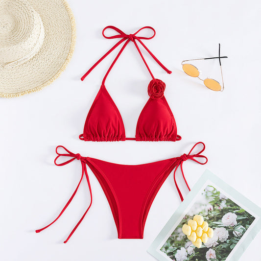 Bikini Sexy Solid Color Three Point Three Dimensional Floral Swimsuit Split Sexy