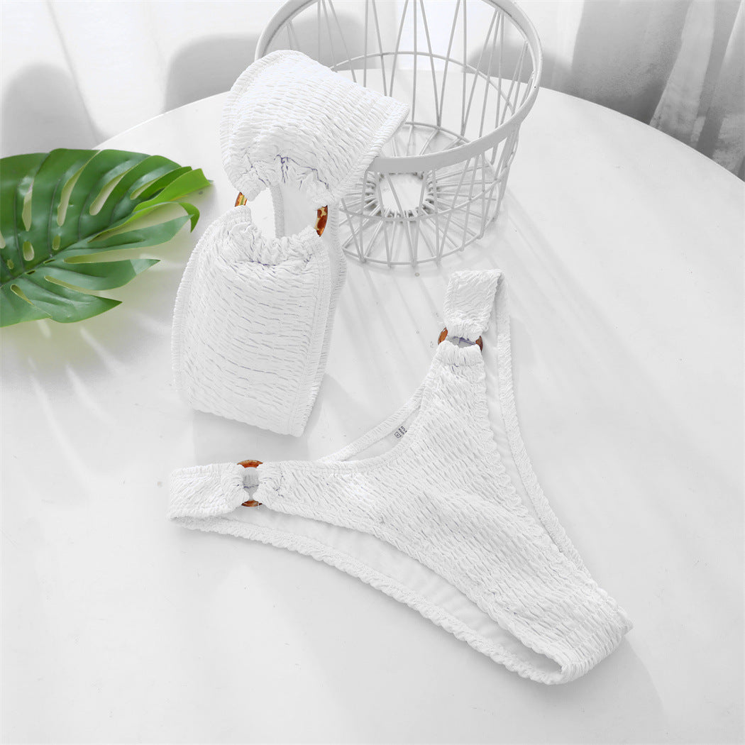 Swimsuit Women Bikini Smocking Fabric Solid Color