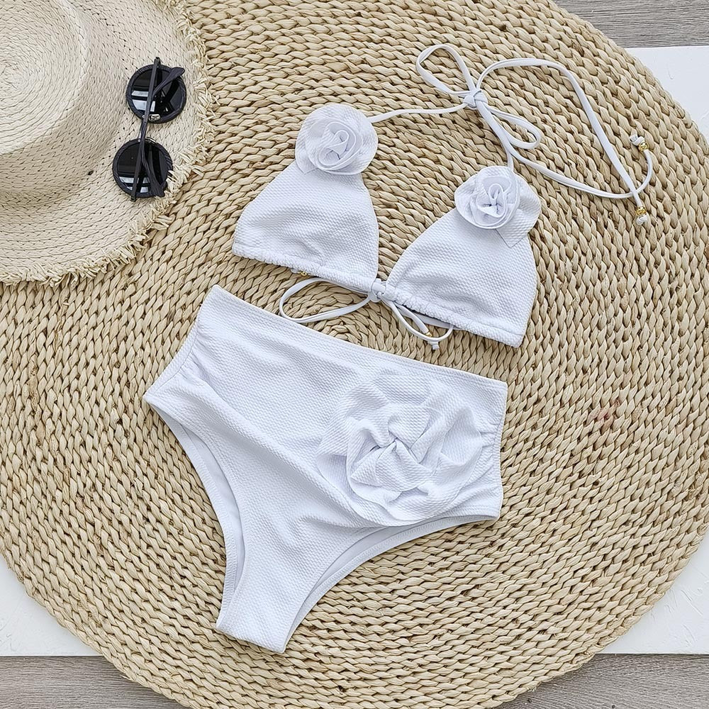 Solid Color Rib Fabric Three Point Bikini Split Swimsuit Women High Waist Strap 3D Decoration