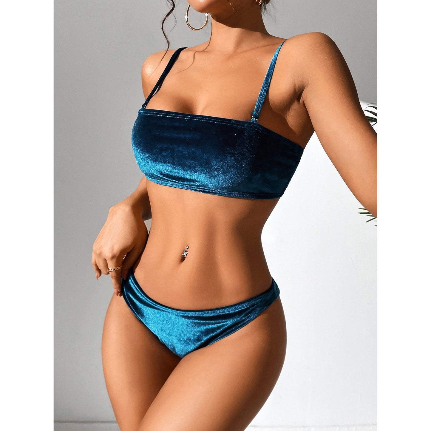 Solid Color Gold Velvet Sexy High Waist Split Bikini Swimsuit
