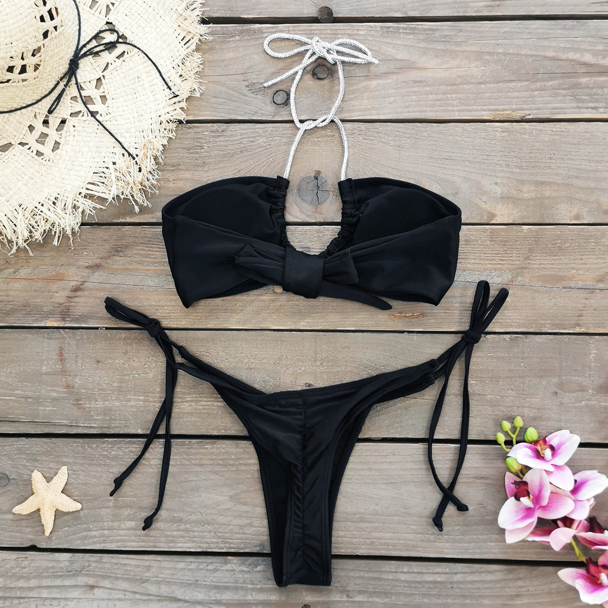 Solid Color Lace up Low Waist Sexy Hollow Out Cutout Bikini Split Swimsuit Women Bikini