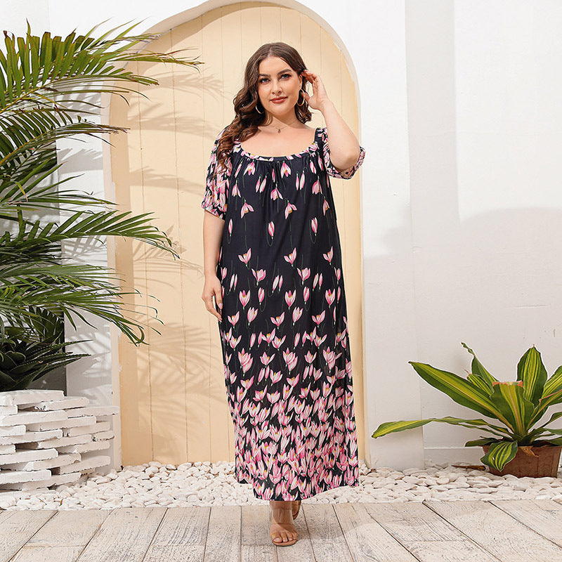 Robe longue ample à manches courtes et imprimé floral pour femme grande taille