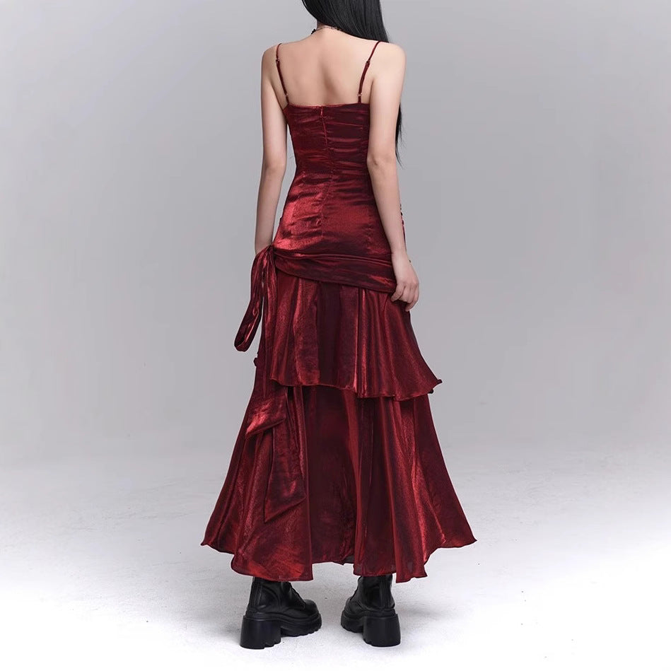 Dark Red Suspenders Dress Concert Birthday Dress High Grade Party Little Dress