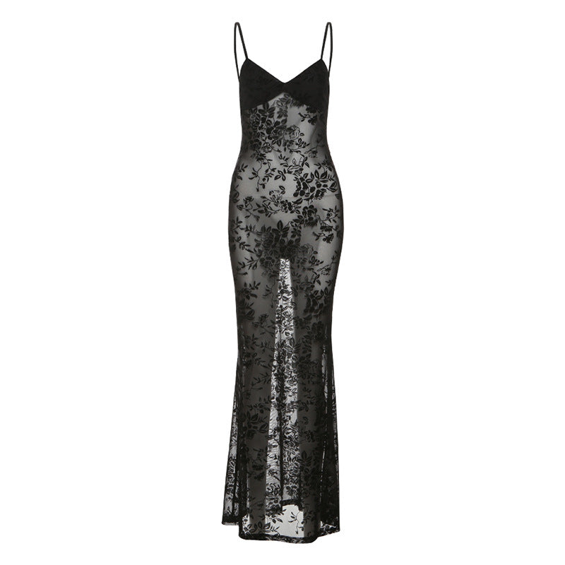 Spring Summer Women Mesh Sexy See through V neck Backless Slim Fit Sling Dress