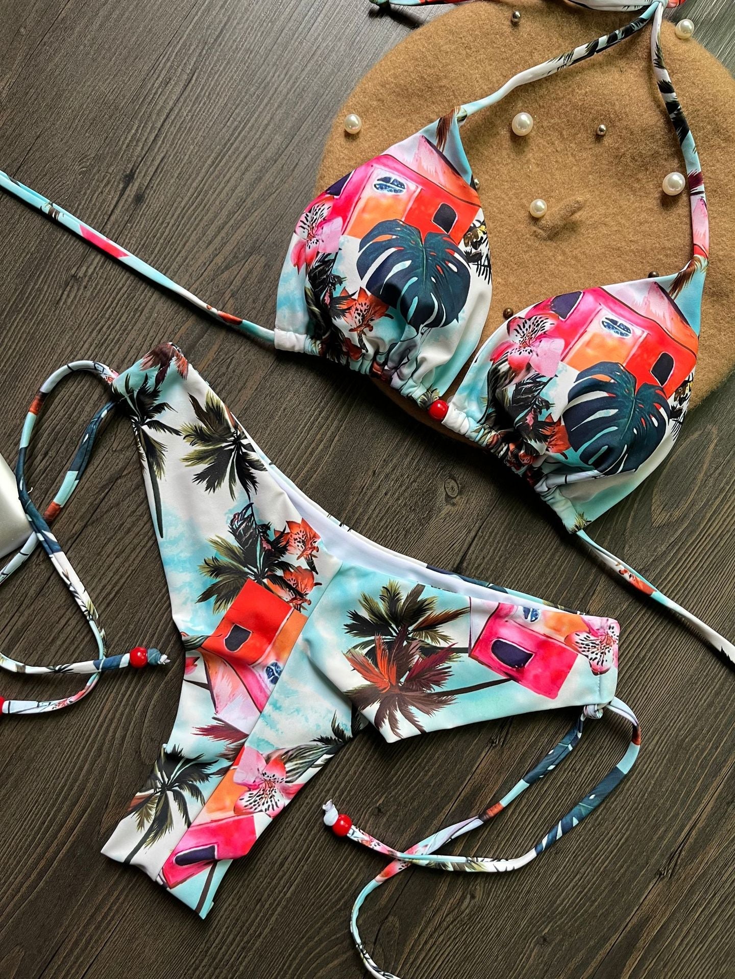 Women Sexy Split Triangle Bag Bikini Fresh Printed Swimsuit Bikini