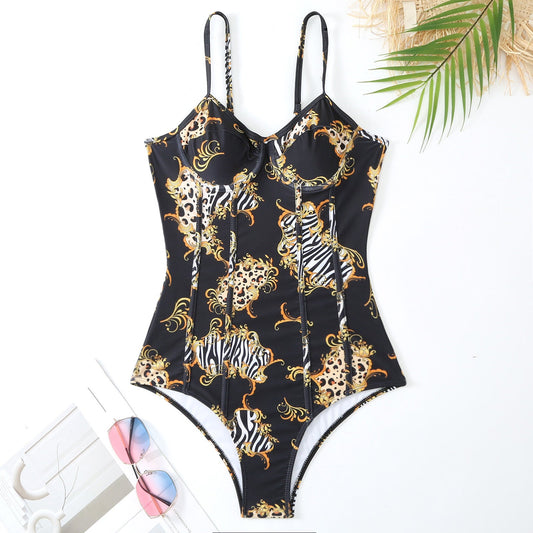 One Piece Swimsuit Women Conservatively Thin Vintage Printed Chiffon Dress with Steel Bracket Hard Bag Swimsuit