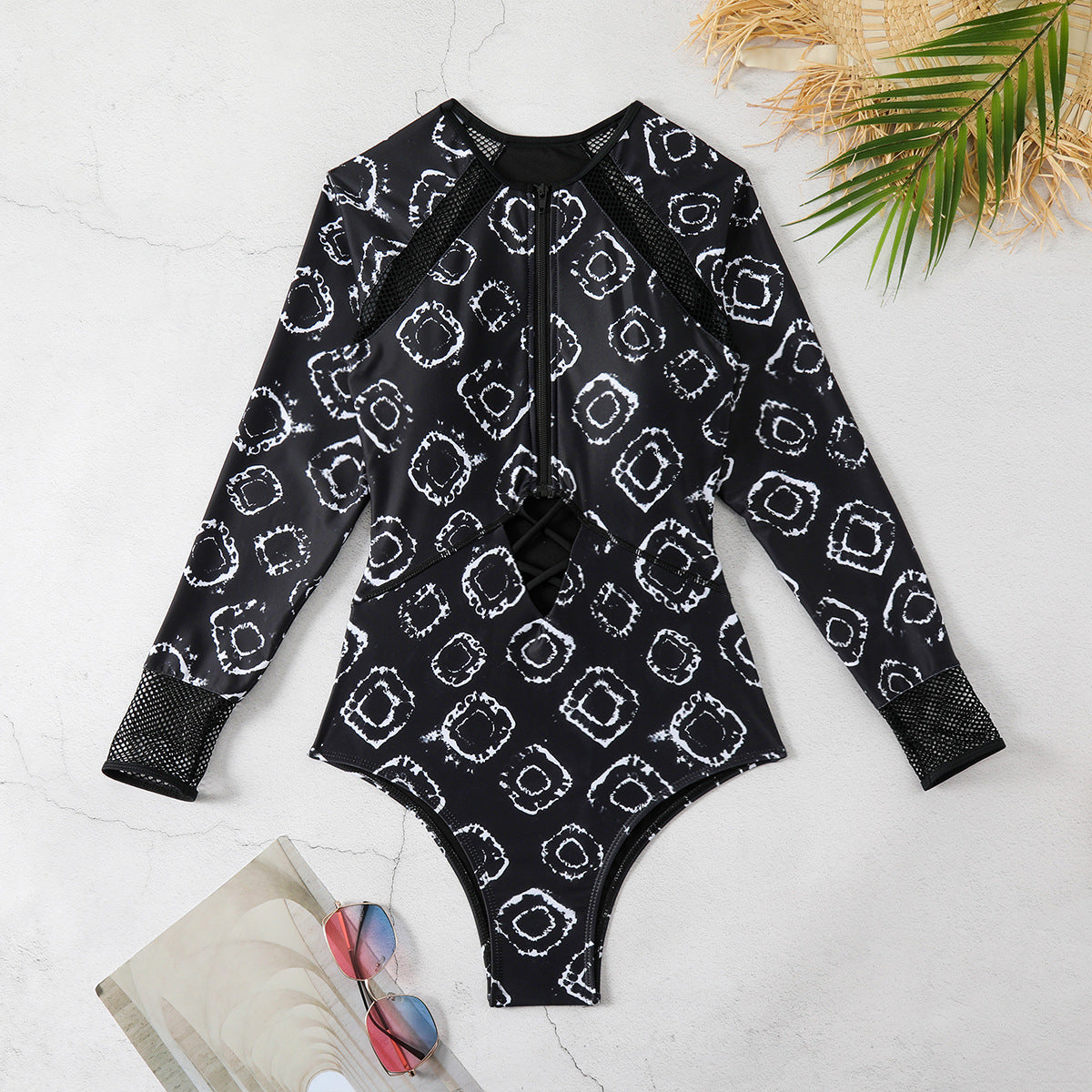 Printed One Piece Swimsuit Women Long Sleeve Hollow Out Cutout out Surfing One Piece