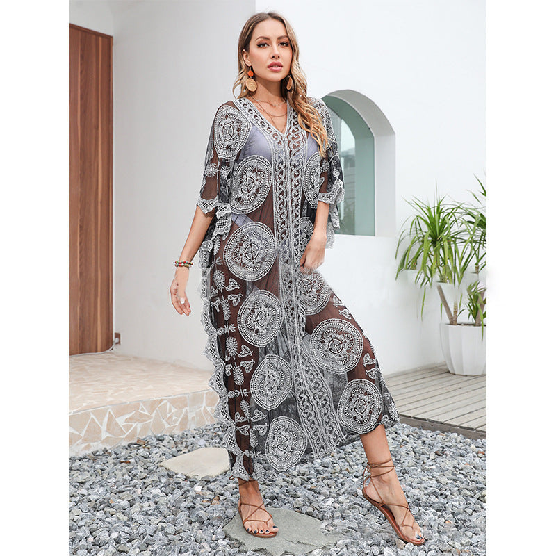 Beach Sun Protection Shirt Loose Pullover Swimsuit Outer Cover Bikini Jacket Water Soluble Lace Dress