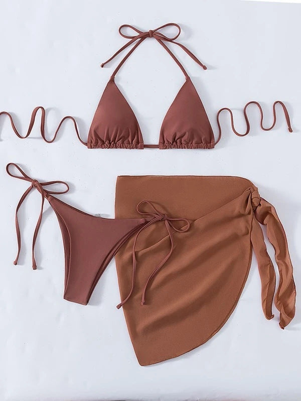 Solid Color Triangle Cup Bandage Sexy Bikini Three Piece Swimsuit