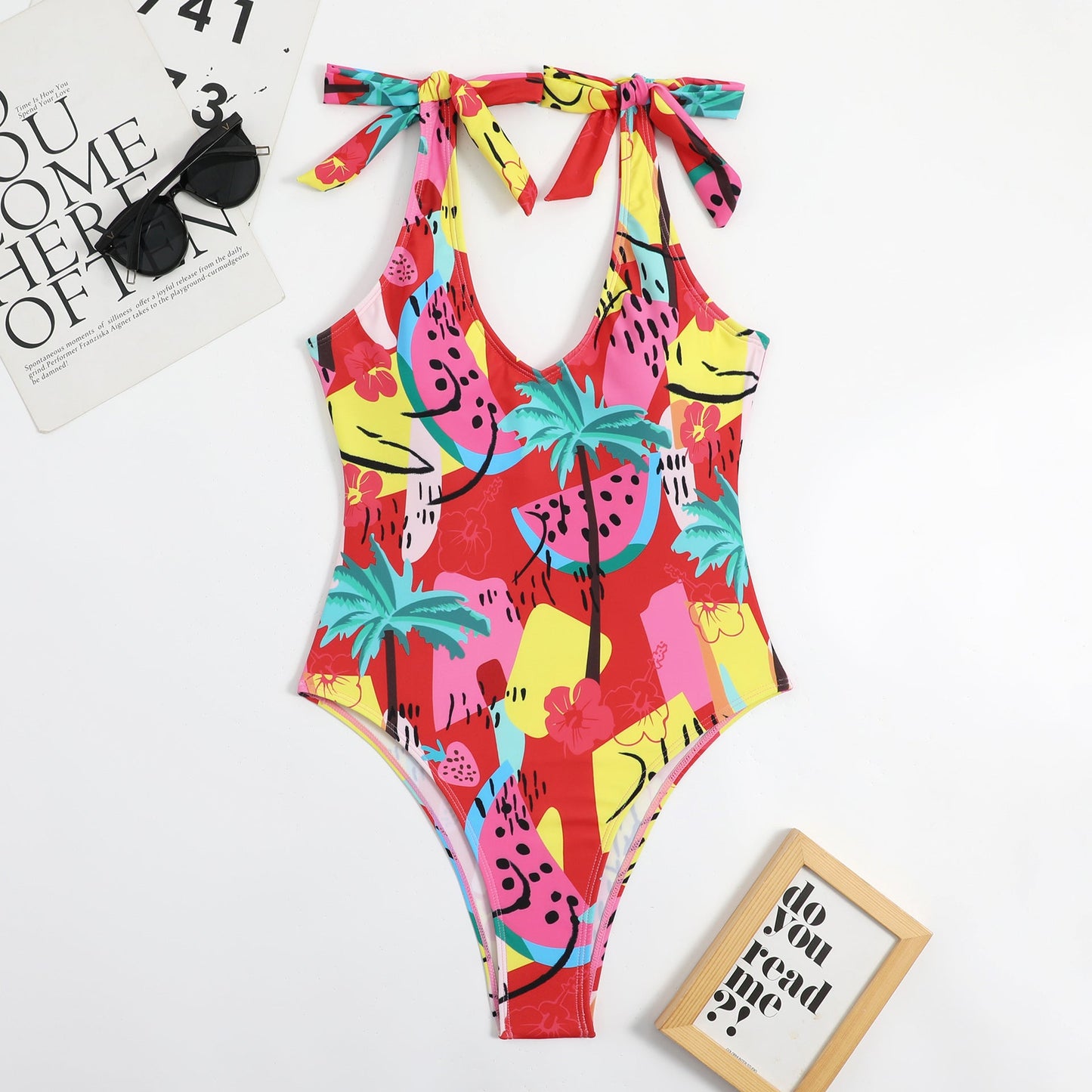 Multi Color Printed Heart Collar Bow Ladies Triangle One Piece Beauty Back Sexy Swimsuit Bikini