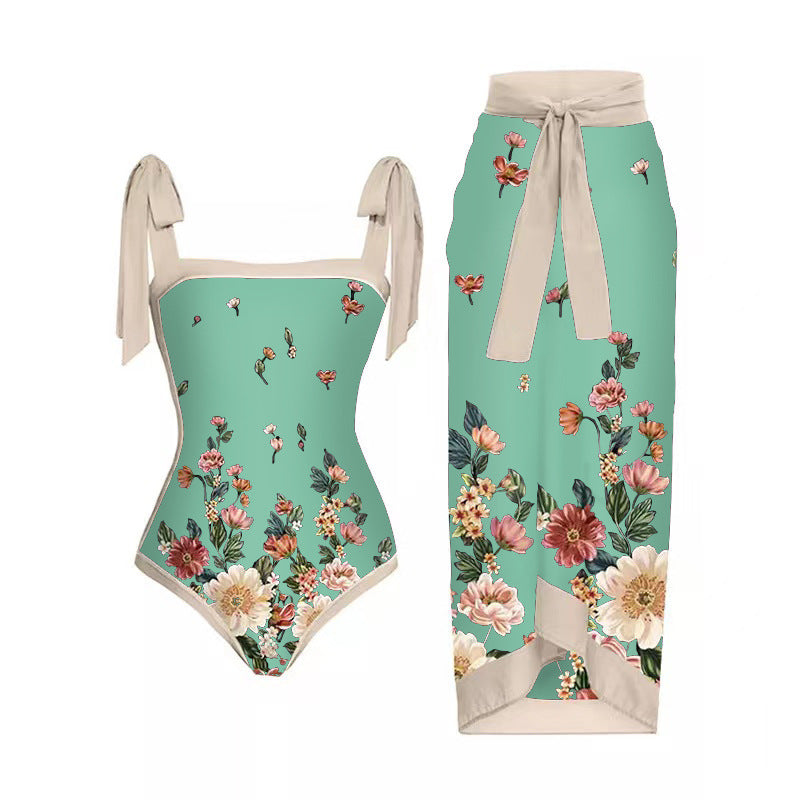 Mesh Two Piece French Swimsuit Digital Printing Sheath Dress Swimsuit for Women