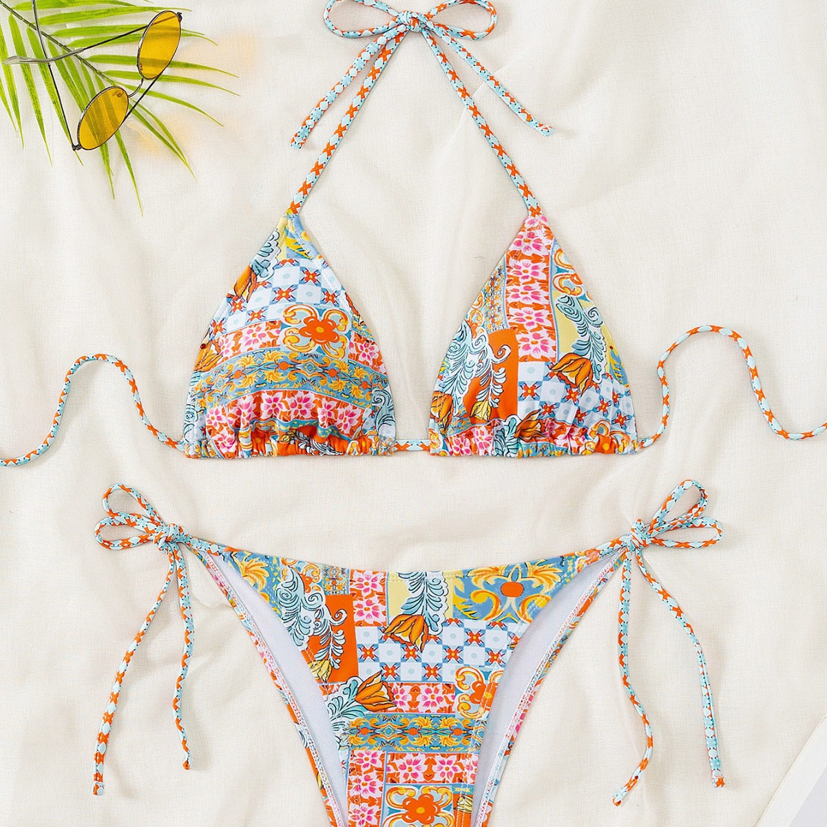 Bikini Triangle Cup Printed Lace up Sexy Bikini Swimsuit Swimwear Women