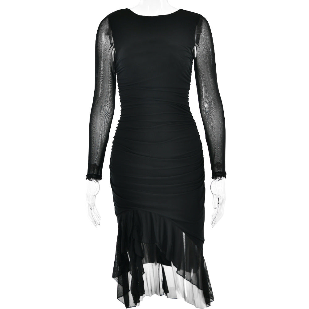 Autumn Sexy Trend Round Neck Slim Fit Long Sleeved Mesh Stitched Backless Sheath Dress
