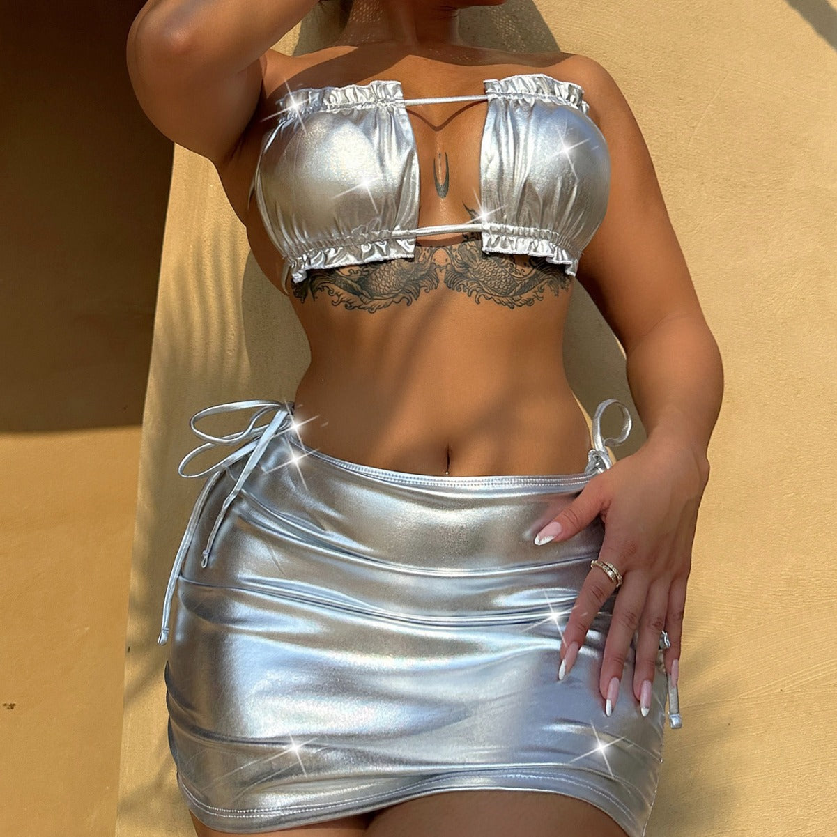 Women Three Piece Bikini Solid Color Sexy Women Split Swimsuit Triangle Bag Swimsuit