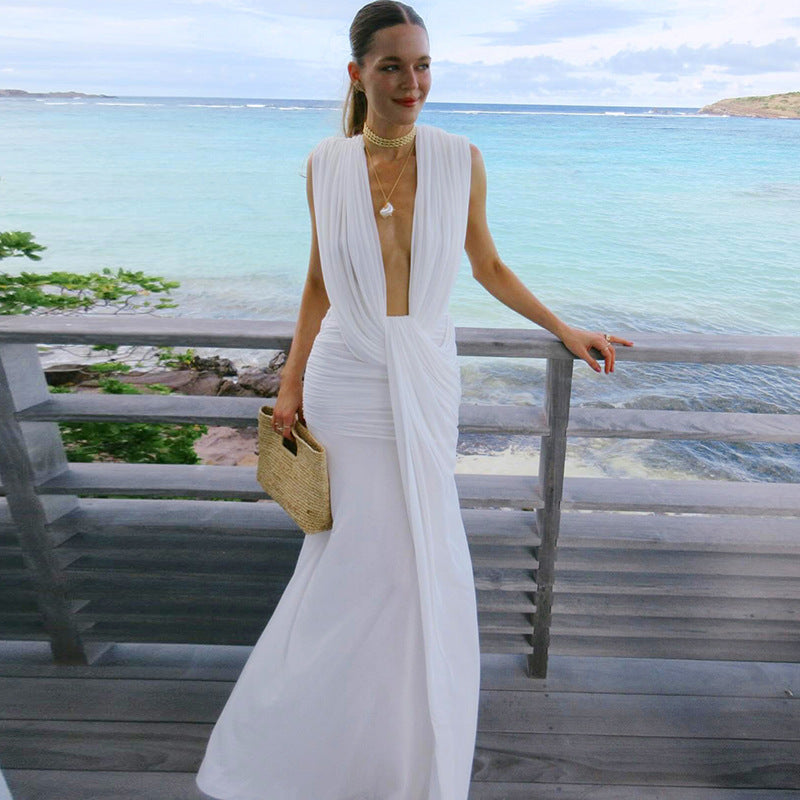 Summer Women Clothing Sexy Deep V Plunge neck High Waist Sheath Solid Color Dress Women