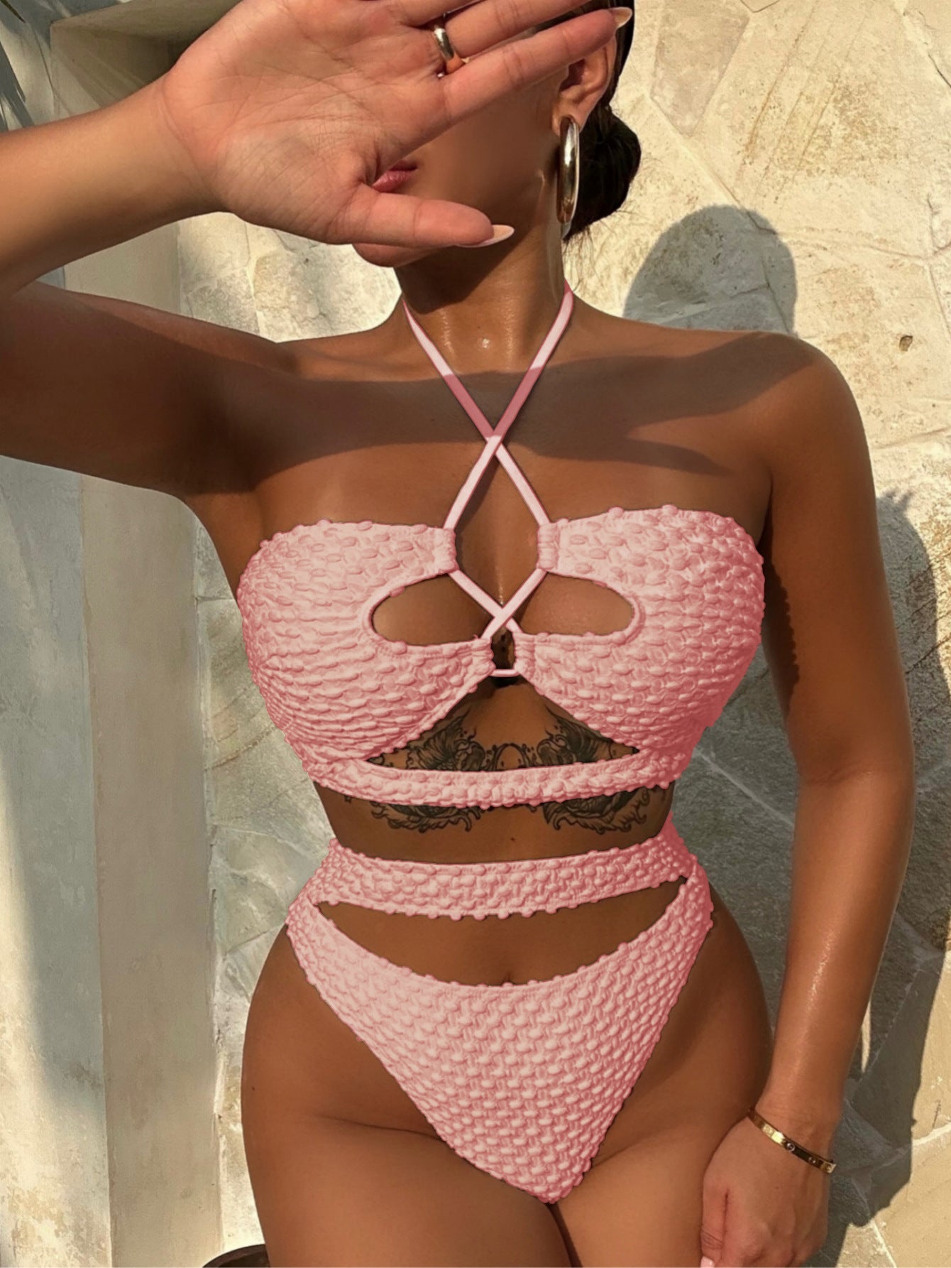 Luoguo Bikini Beige Sexy Swimsuit Women Split Drawstring Swimsuit