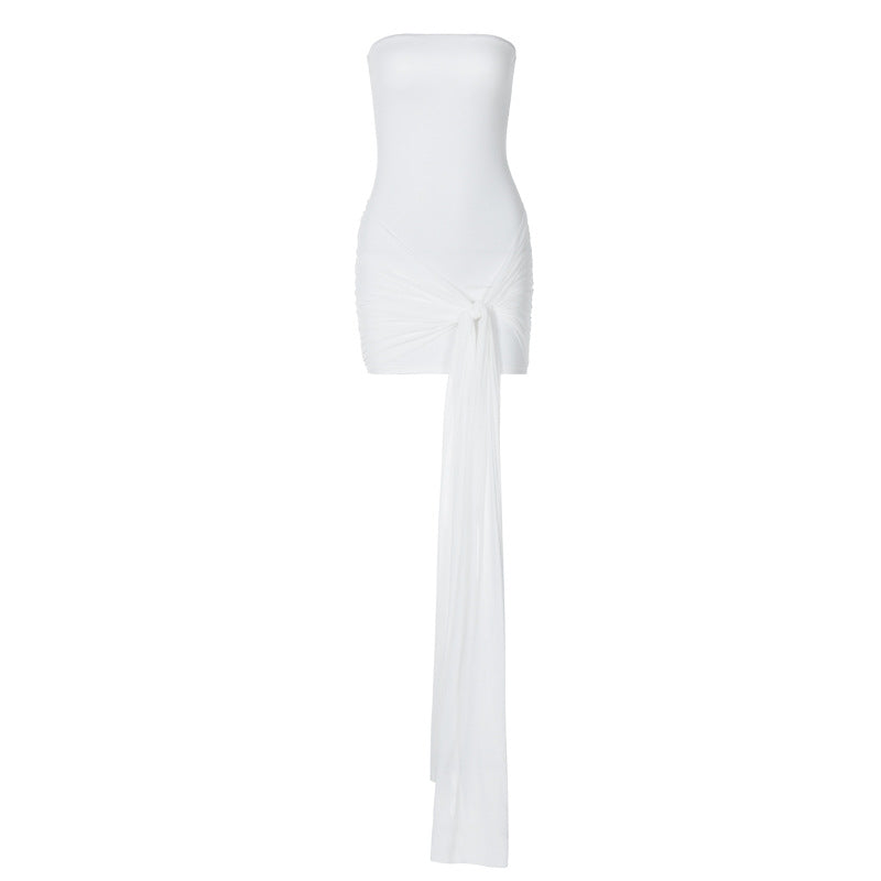 Women Clothing Autumn Solid Color Elegant Wrapped Chest Waist Stitching Mesh Ribbon Pleated Short Dress Women