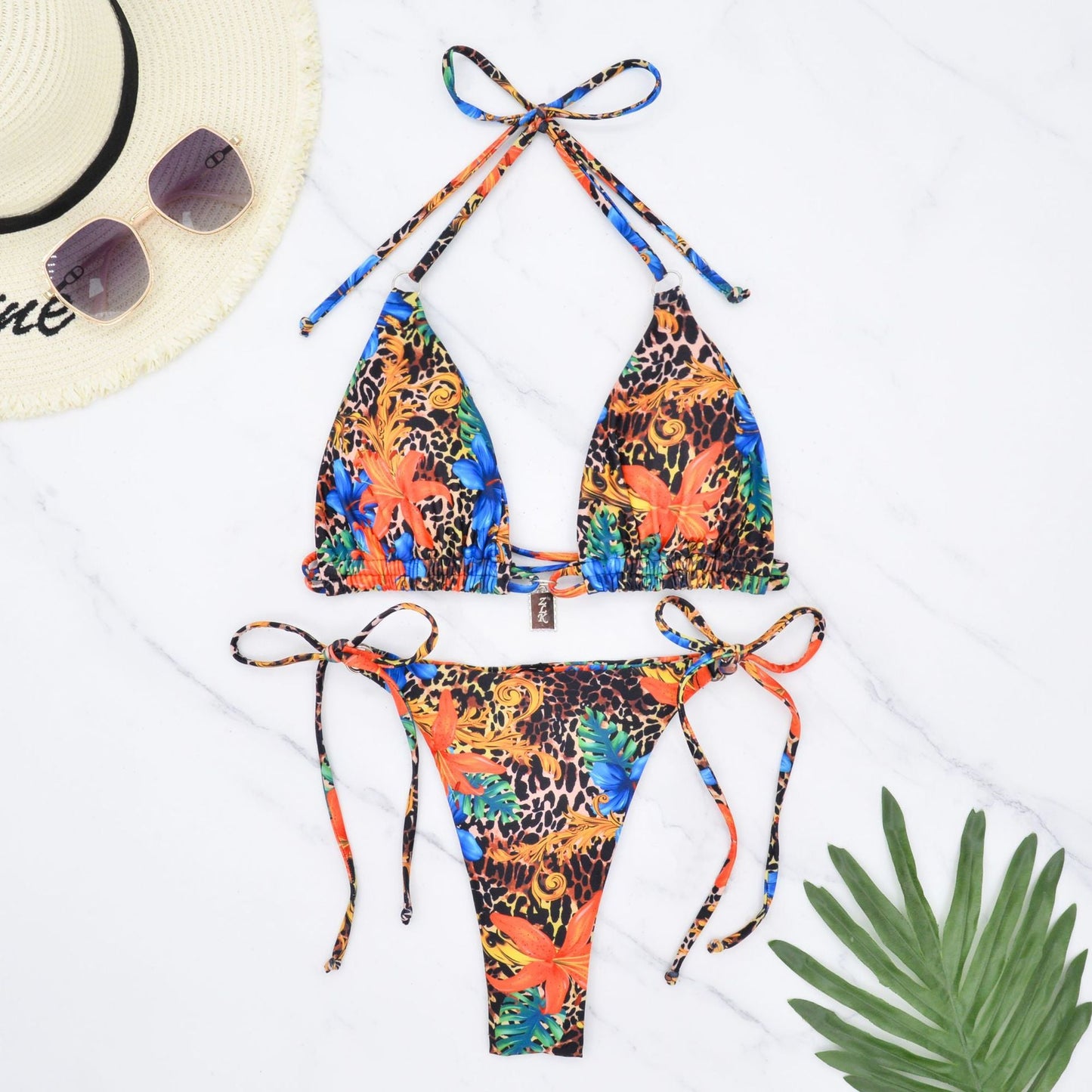 Women Clothing Small Floral Swimsuit Lace up Halterneck Sexy Beauty Back Bikini