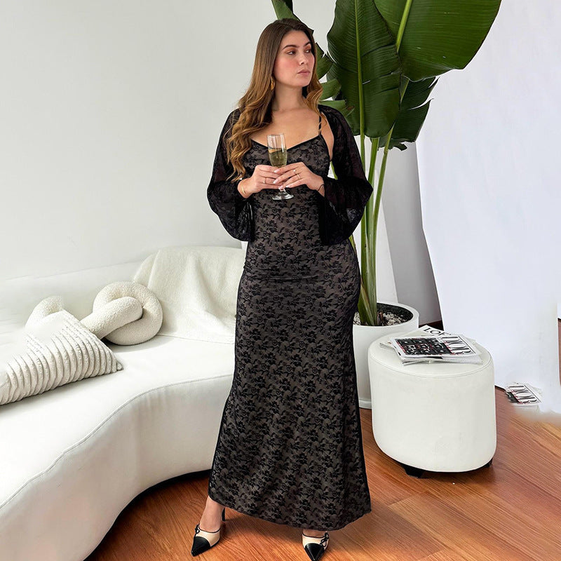 Autumn Elegant Slim Lace Sling Two Piece Blouse Women